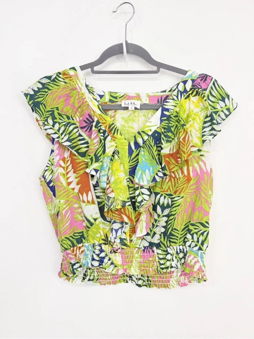 Nicole Miller New York Colorful Tropical Ruffled Smock Waist Sleeveless Blouse